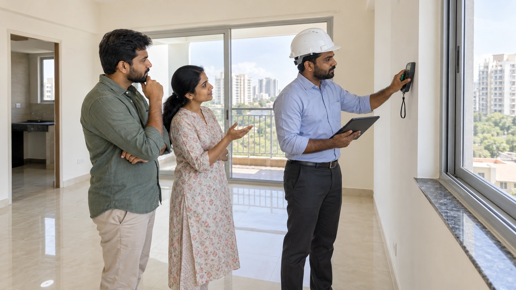 Homebuyers observing a professional apartment construction quality inspection near a window