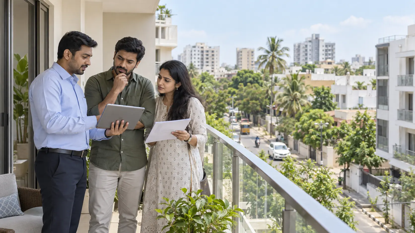 Homebuyers reviewing an apartment with a property advisor in Chennai