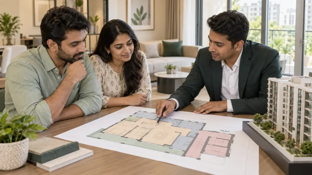 Chennai homebuyers comparing apartment carpet area and floor plan with a property advisor