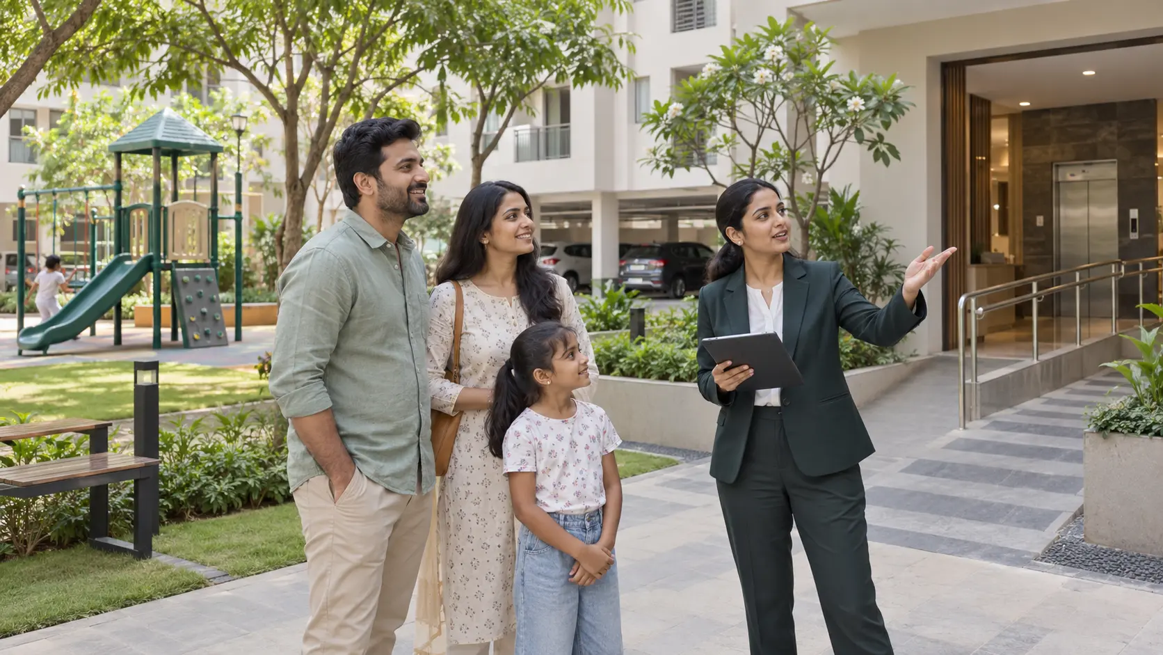 Family inspecting shared apartment amenities with a property advisor in Chennai
