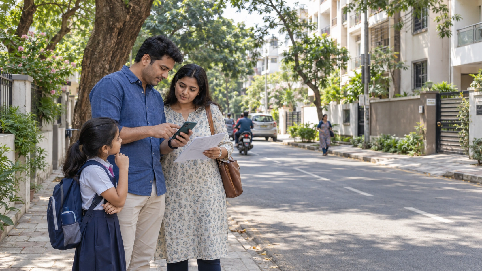 Family reviewing a map and checklist on a Chennai residential street