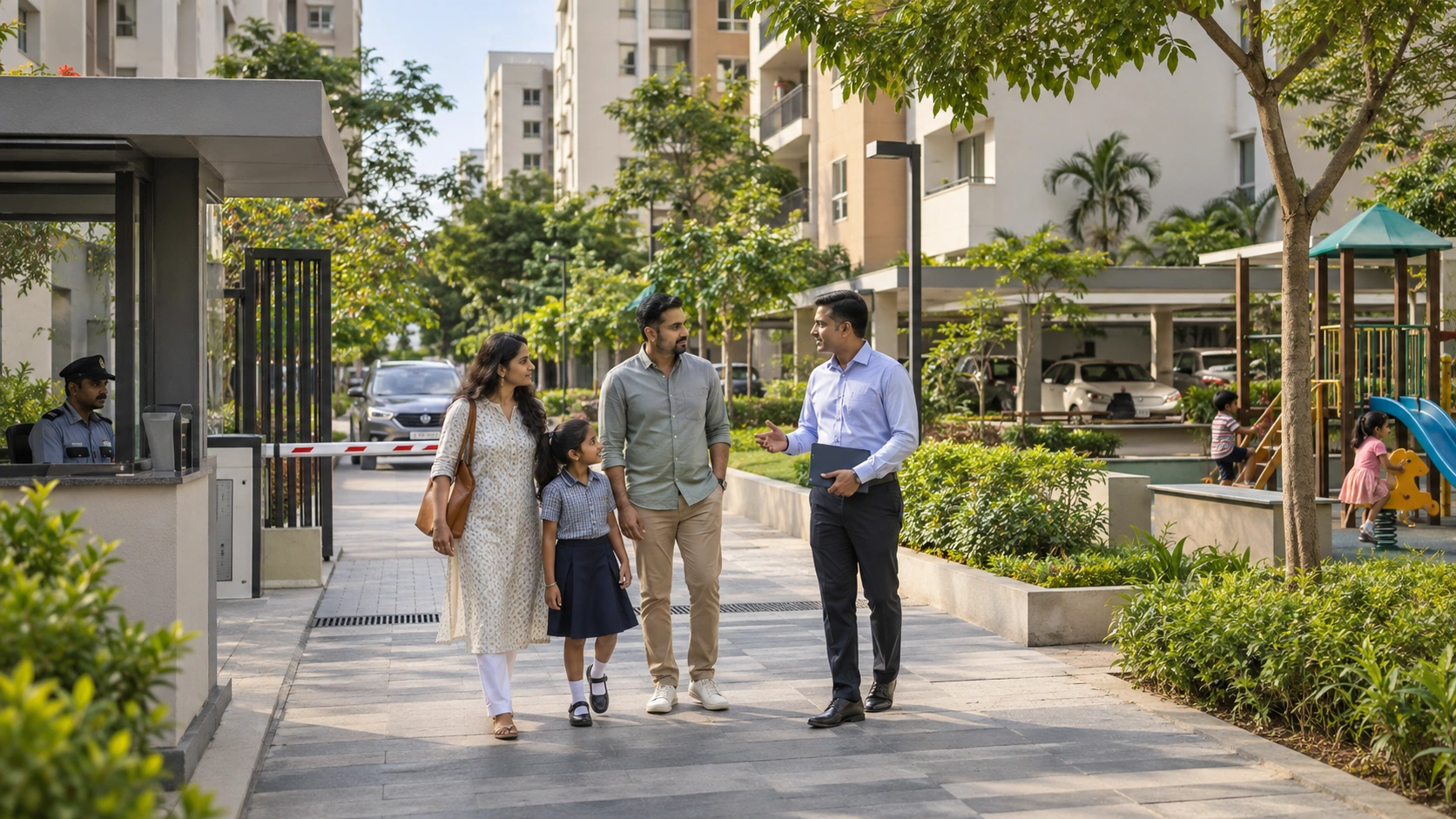 Family touring a gated apartment community with controlled entry and a shared play area in Chennai
