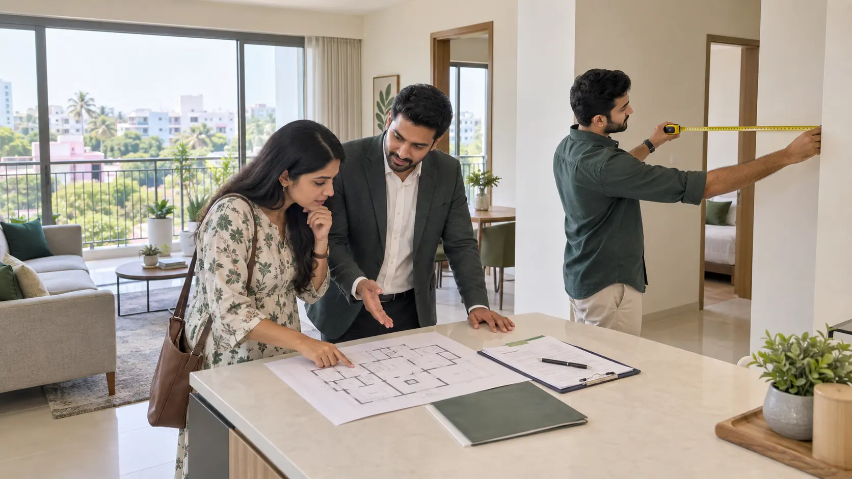 First-time homebuyers reviewing a Pallavaram apartment floor plan during a site visit