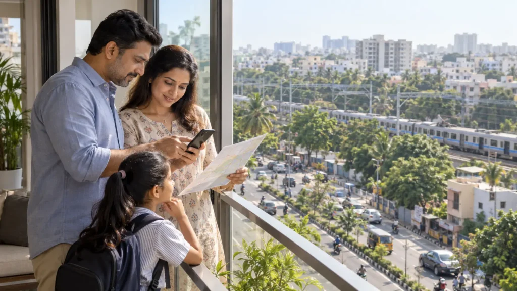 Family evaluating schools and transport connectivity from a Pallavaram apartment