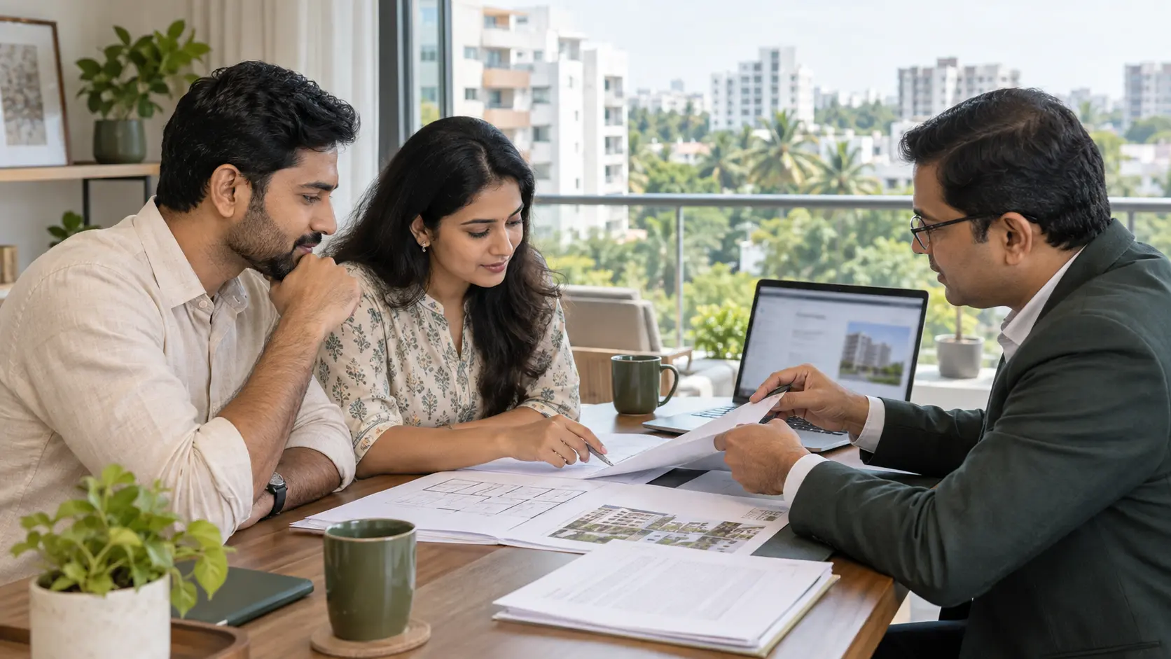 Chennai homebuyers reviewing property documents with a real estate advisor