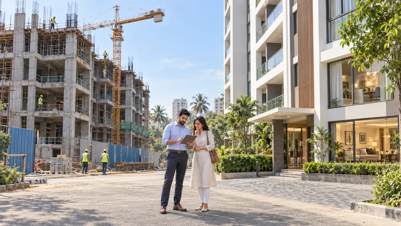 Under-construction building compared with a ready-to-move apartment
