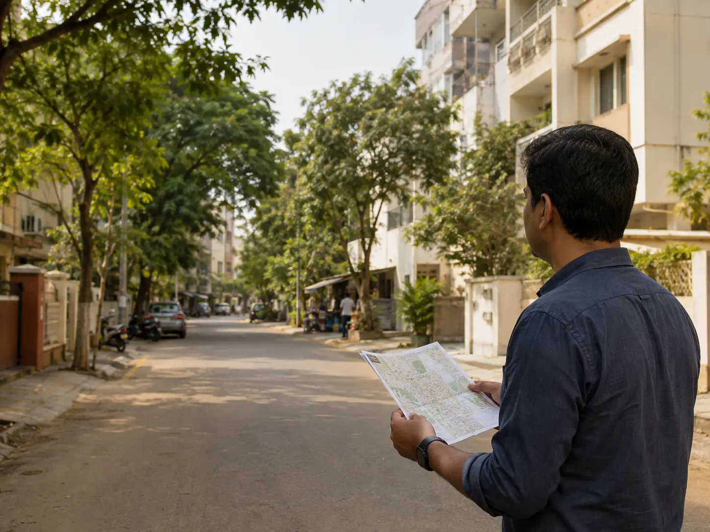 Chennai locality guide showing a homebuyer reviewing a map on a tree-lined residential street