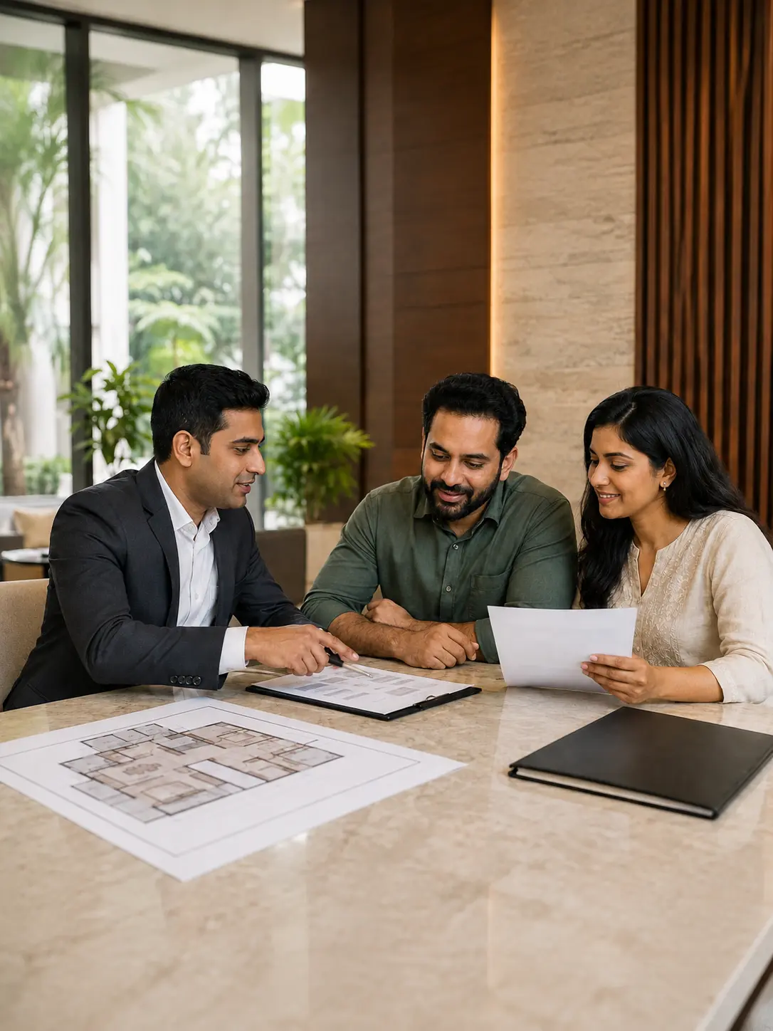 Chennai real estate glossary: homebuyers reviewing a floor plan and property documents with a real estate advisor