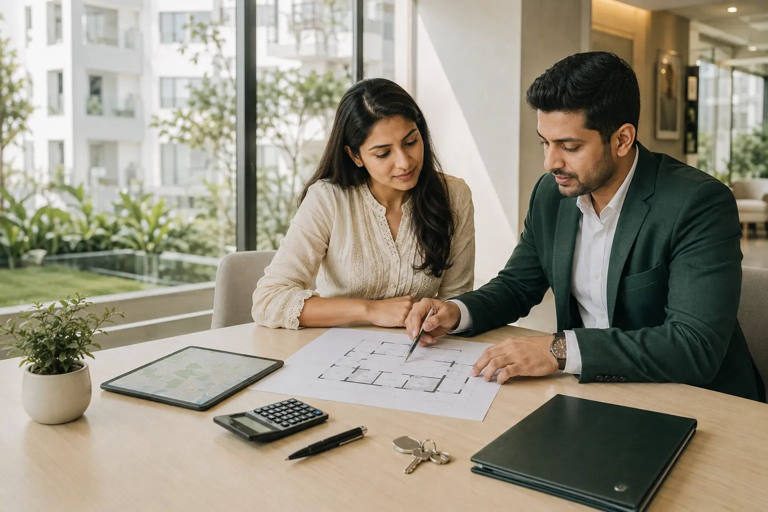 property buying guide Chennai. Buyer comparing a Chennai property floor plan and site details with an advisor