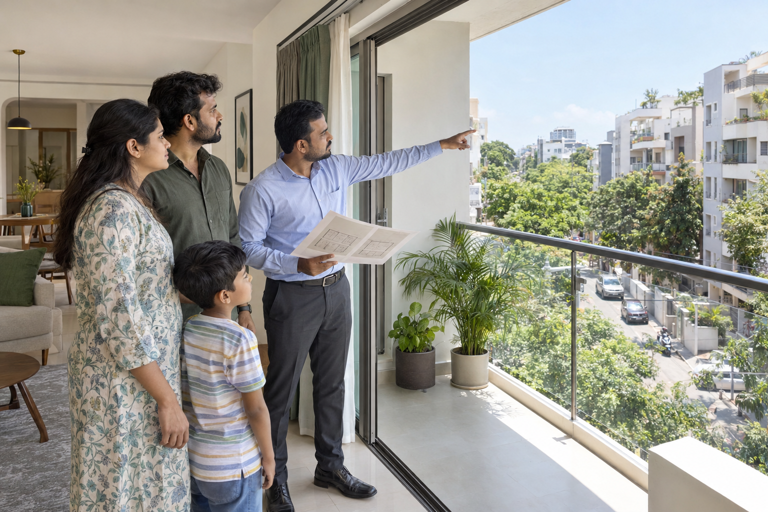 Family and property representative inspecting an apartment and its surroundings during a Chennai site visit