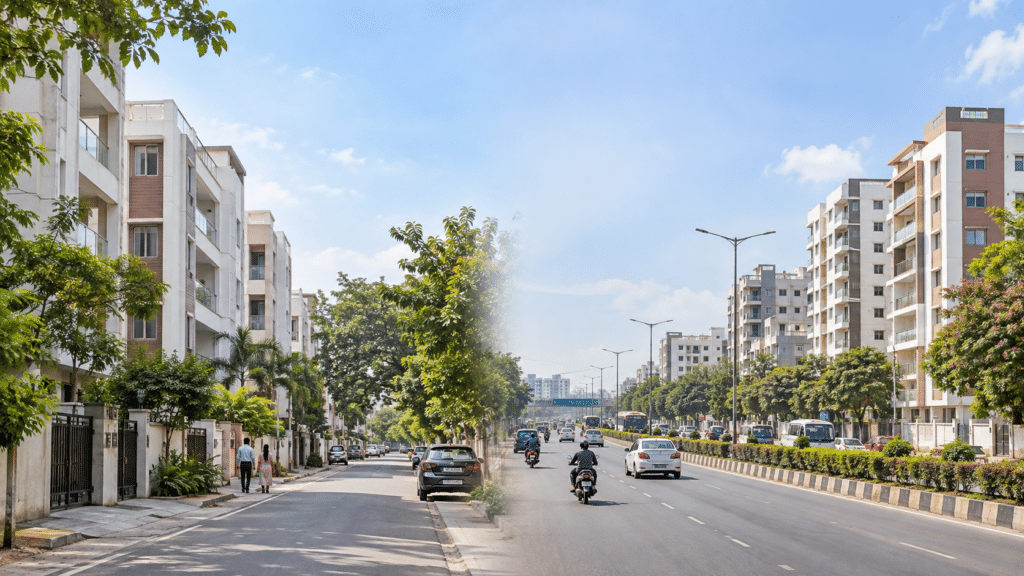 Side-by-side view of apartment neighbourhoods representing Pammal and Pallavaram in Chennai