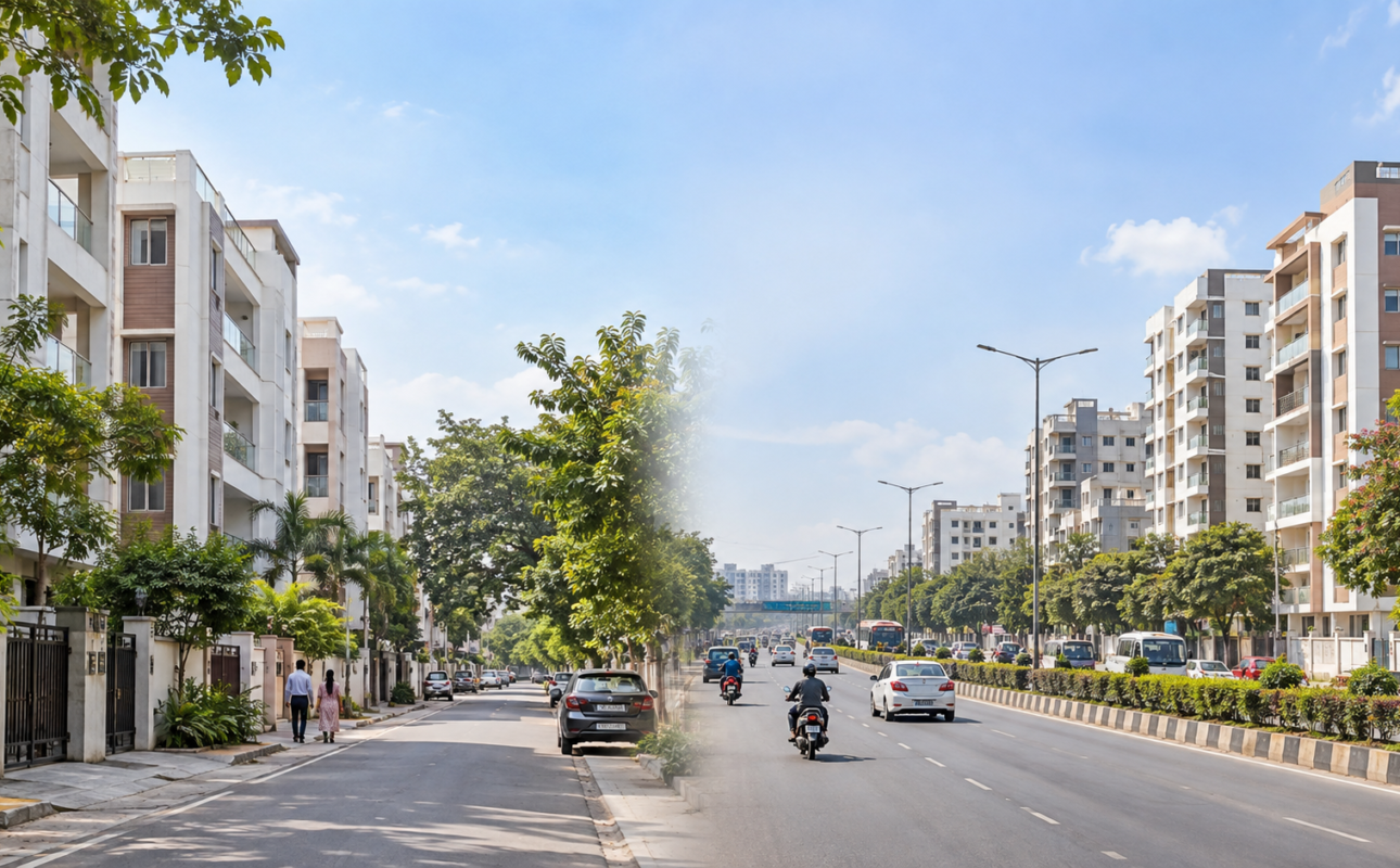 Side-by-side view of apartment neighbourhoods representing Pammal and Pallavaram in Chennai