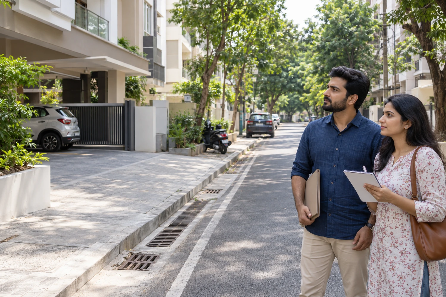 Indian couple reviewing apartment access road, parking and drainage during a Chennai site visit