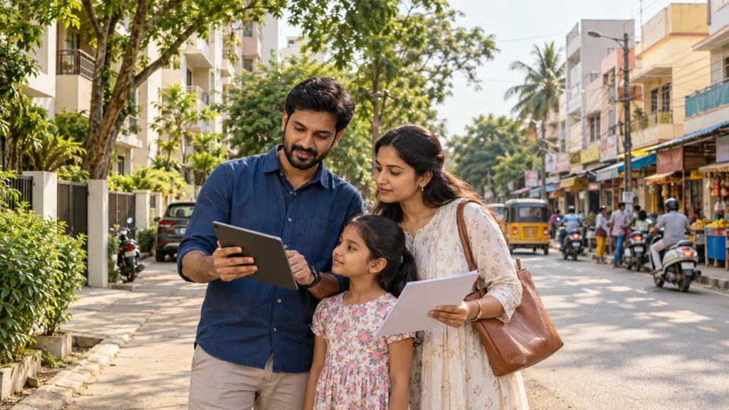 Indian family comparing two apartment neighbourhood routes on a tablet beside a residential street in South Chennai