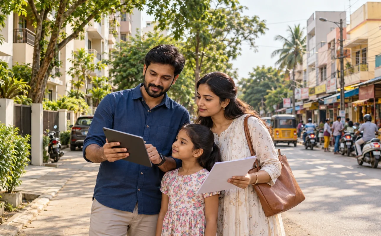 Indian family comparing two apartment neighbourhood routes on a tablet beside a residential street in South Chennai