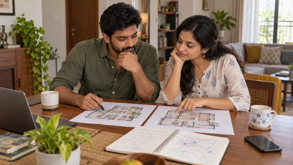 Indian homebuyers compare apartment floor plans and location notes
