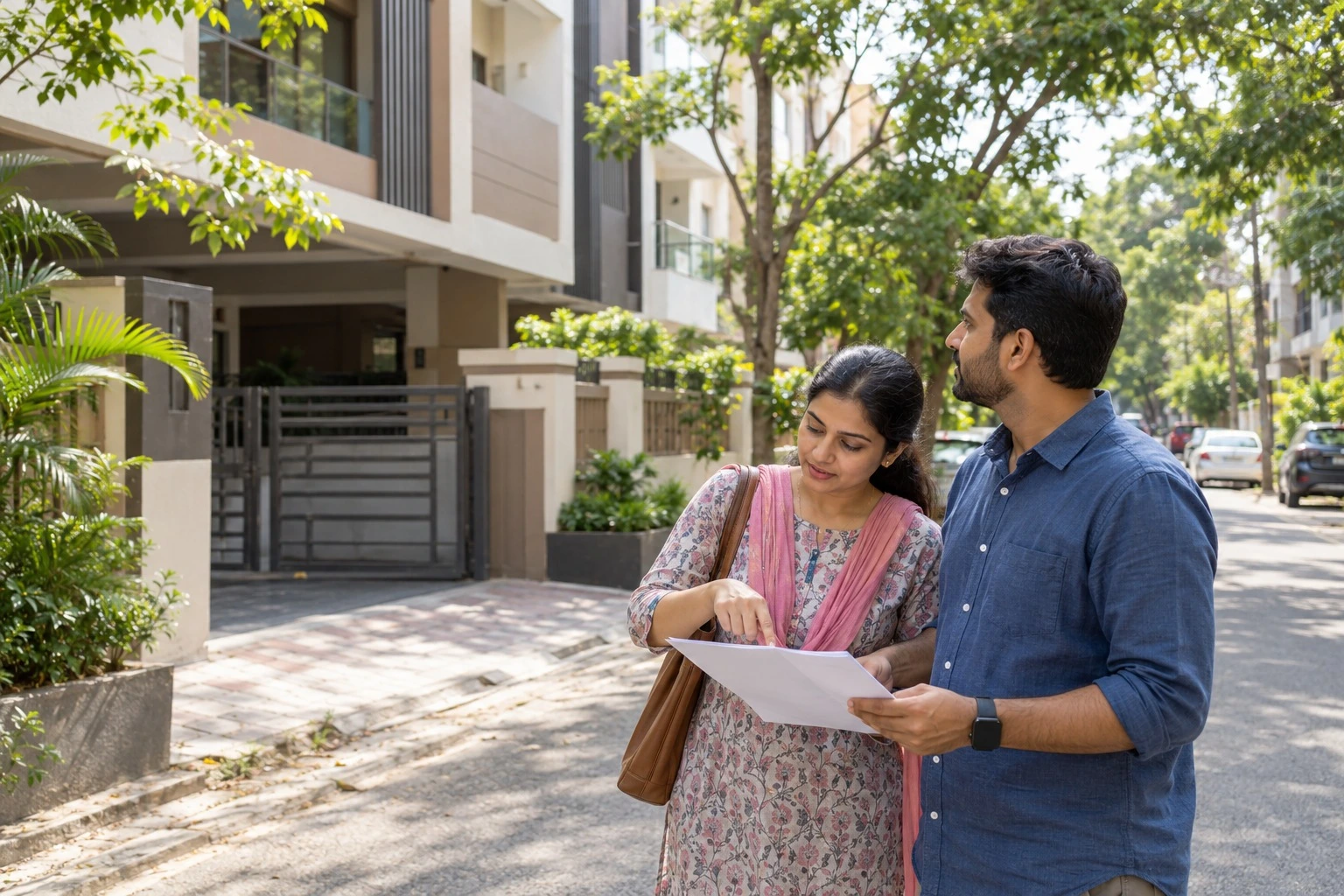 Indian couple reviews a homebuying checklist outside an apartment building