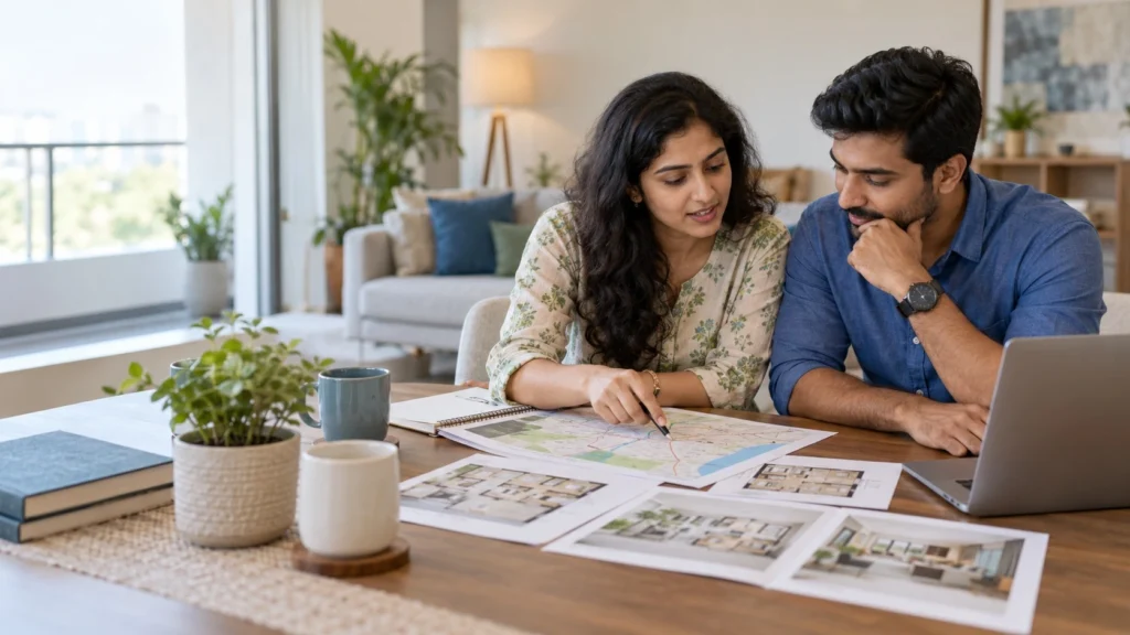 Indian couple reviews a generic route map and apartment floor plans while comparing homes in Pallavaram and Chitlapakkam