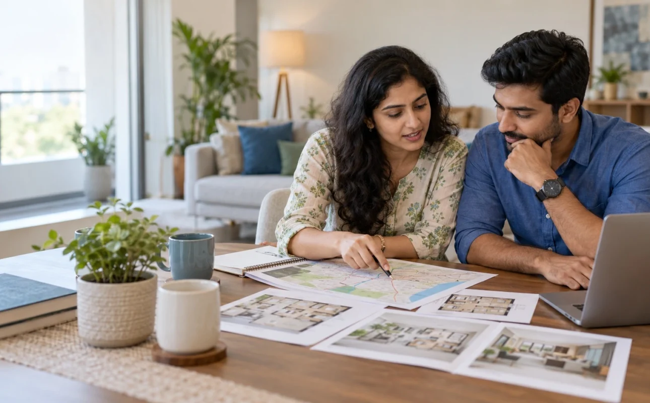 Indian couple reviews a generic route map and apartment floor plans while comparing homes in Pallavaram and Chitlapakkam