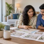 Indian couple reviews a generic route map and apartment floor plans while comparing homes in Pallavaram and Chitlapakkam