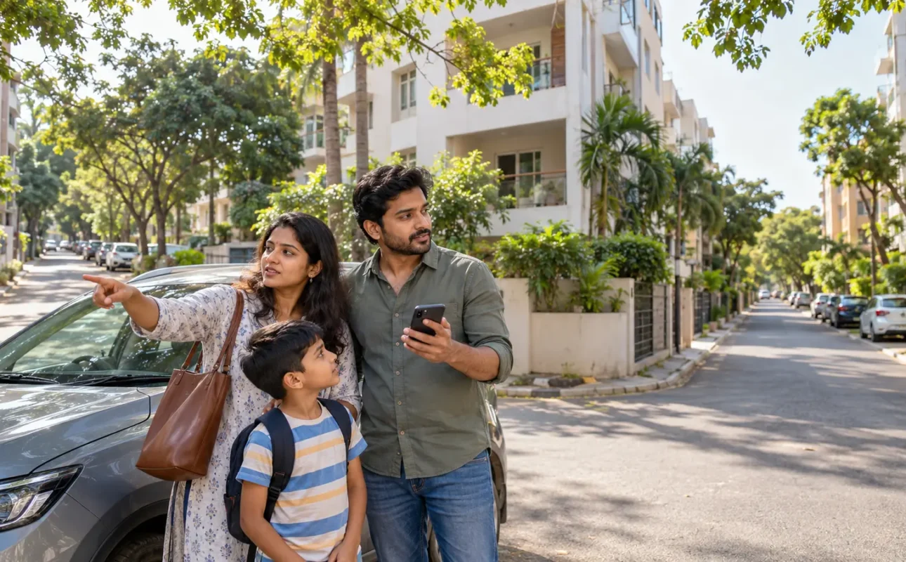 Indian family comparing two apartment neighbourhood routes during a Chennai home search