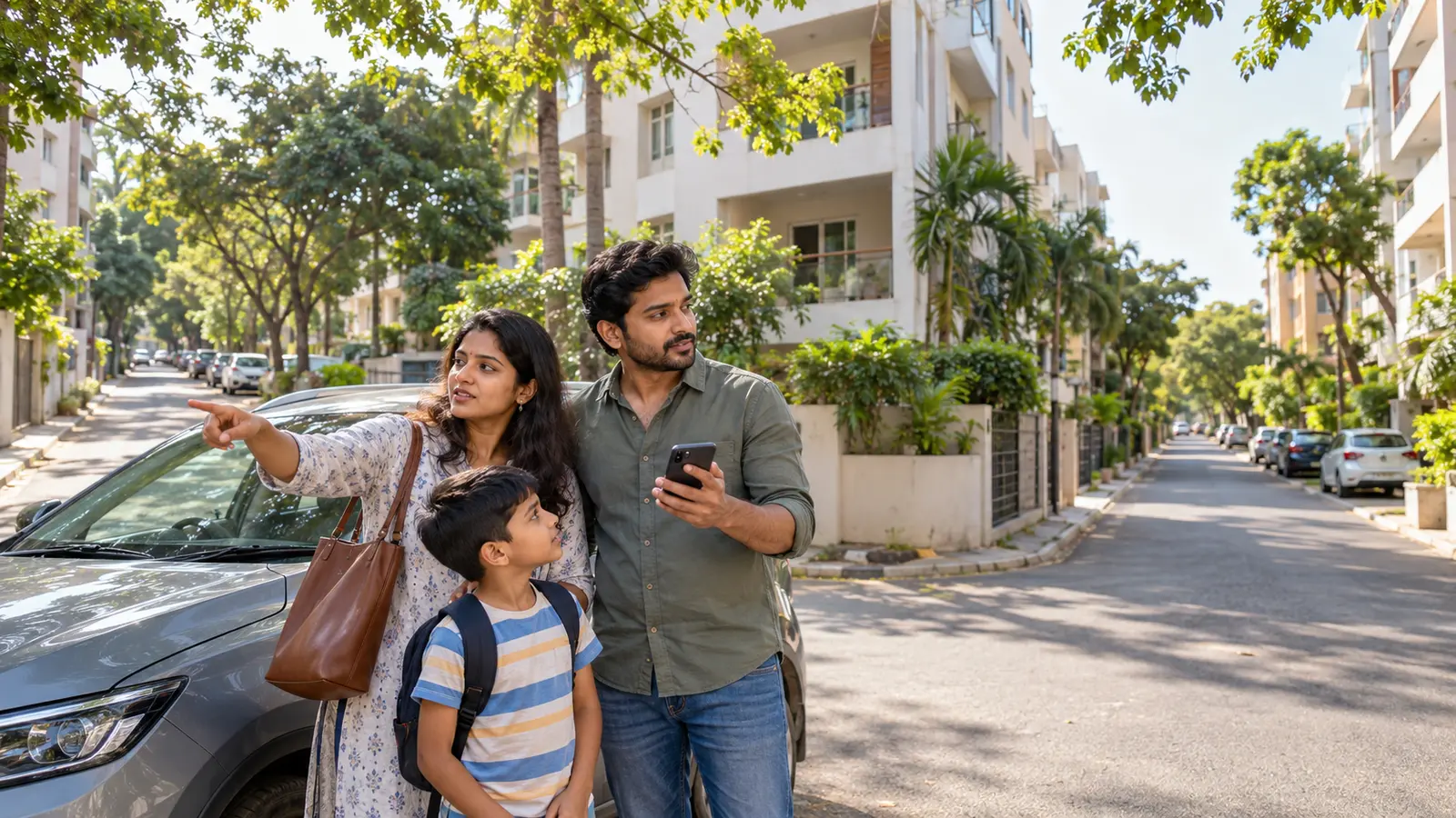 Indian family comparing two apartment neighbourhood routes during a Chennai home search