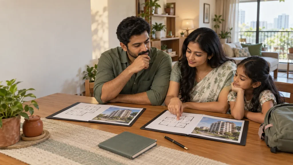 Indian family comparing apartment floor plans for a Pammal vs Sembakkam home search