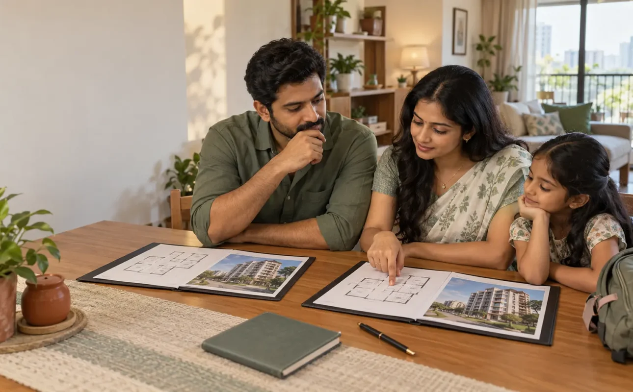 Indian family comparing apartment floor plans for a Pammal vs Sembakkam home search